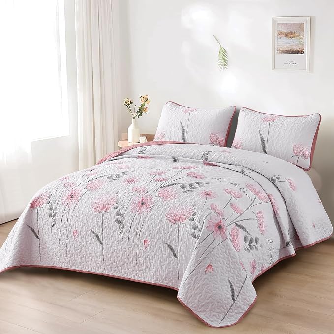 Dinjoy Pink Quilt Set Full, Floral Botanical Bedspread - Image 5