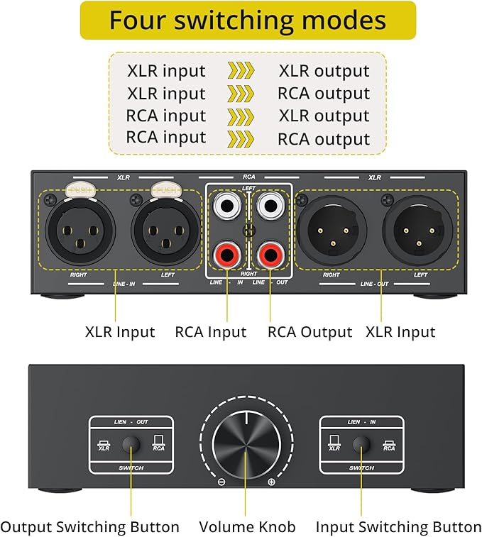 PROZOR 2-IN-2-OUT XLR Balanced/RCA Converter Audio Selector Splitter | Passive Switch Box with Volume Control