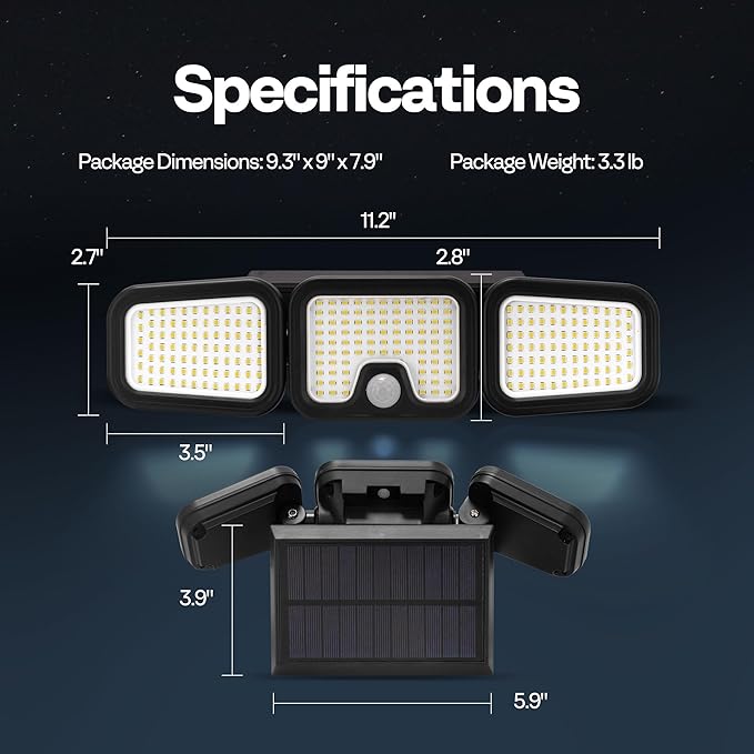 VIVOHOME Solar Flood Lights Outdoor, 256 LED 2500LM Motion Sensor Lights, 3 Adjustable Heads Security Lights, IP65 Waterproof, 270° Wide Lighting Angle Solar Powered Lights for Porch, Yard, 3 Pack