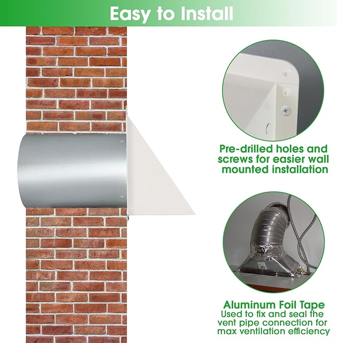 4 Inch Dryer Vent Cover Outside,Dryer Vent Cover Outdoor Exterior Vent Cover Wall Vent Dryer Exhaust Vent Cover Cap,Hooded Wall Vent with Screen & Damper for Dryer Duct AC HVAC,Galvanized Steel,White