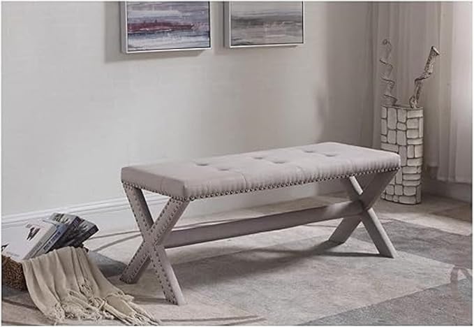 Accent, Linen Blend Entryway, Nailhead Trim, Tufted Upholstered Side by Unknown
