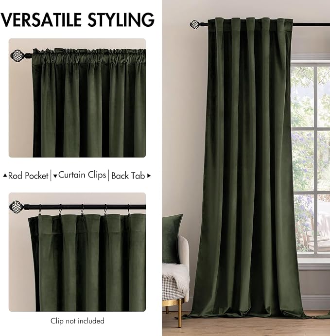 MIULEE Velvet Curtains 52x108 inches 2 Panels Olive Blackout Curtains | Luxury - Image 2