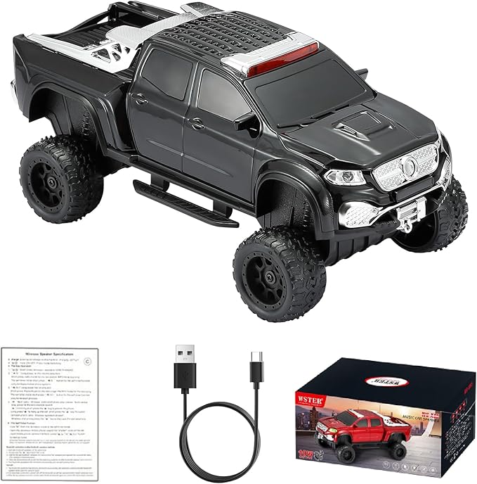 WSTER WS-X65 Pickup Truck Replica Bluetooth Speaker – HD Sound, FM Radio, TWS Stereo, LED Party Lights, USB/TF Playback, Built-in Mic – Cool Portable Car Design Speaker for Outdoors & Home (Black)