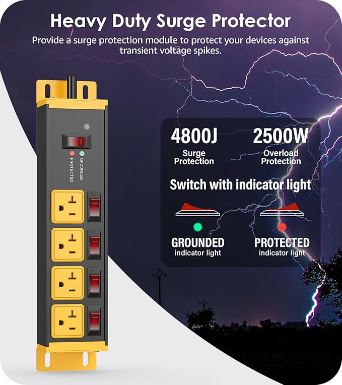 CCCEI Heavy Duty Surge Protector Power Strip 20 Amp Individual Switches. 15FT 12 Gauge Extension Cord with Multiple Outlets. Kitchen, Garage, Shop, Industrial Wall Mount Electric Extender, Yellow.