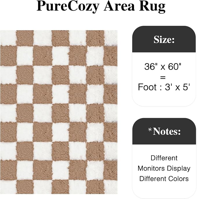 Brown Area Rug 3x5 for Kids Room Soft Checkered Shag Carpet | Machine Washable - Image 3