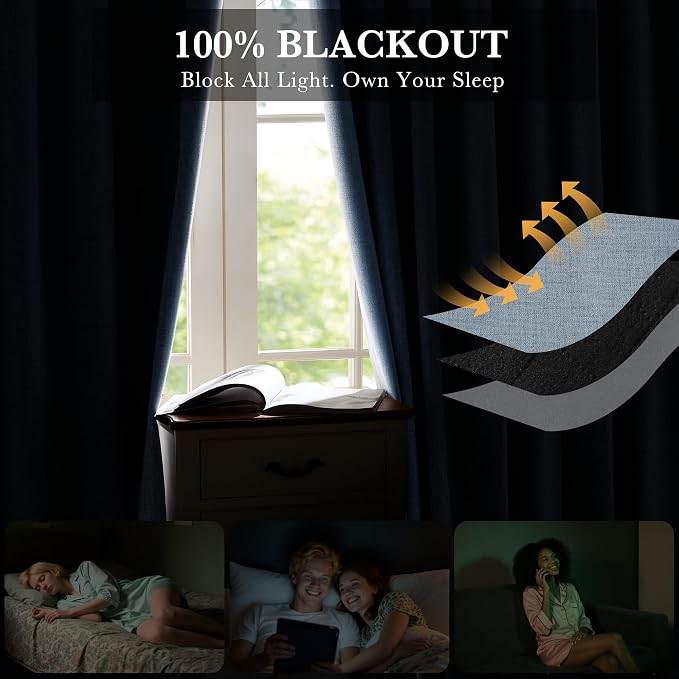 RYB HOME Smoky Blue 100% Blackout Curtains 63 Inch Long - Image 3