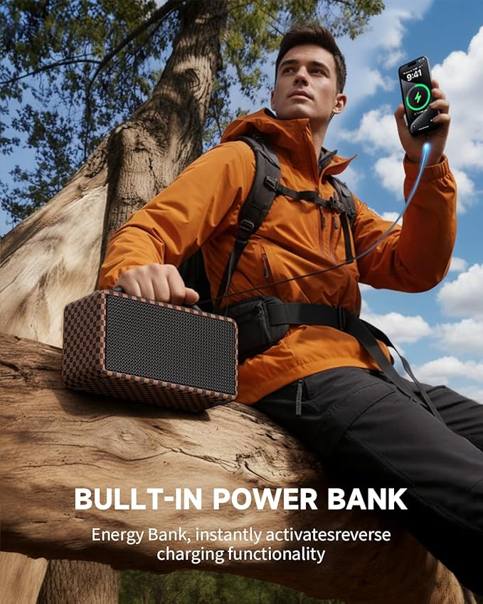 DINDIN Portable Bluetooth Speaker： 80W (Peak), 20H Playtime, Wireless Big Wood Boombox with Deep Bass, Subwoofer, TWS, Large, Loud Speaker for Party, Outdoor, Backyard, Beach, Home,Gift（Black+Brown）