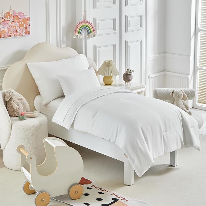Toddler Bedding Set - 5 Piece Soft and Breathable Toddler Bed Set for Boys and Girls, Includes Quilted Comforter, Fitted Sheet, Flat Top Sheet, Standard Pillowcase and Toddler Pillowcase, White
