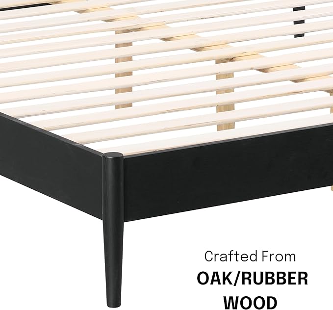 NTC Lupin Wooden Bed Frame with Headboard, Solid Oak and Rubber Wood Foundation with Silent Slats and Wood Central Supports, 1000 Lb Capacity, Effortless Assembly, Queen - Burnt Black