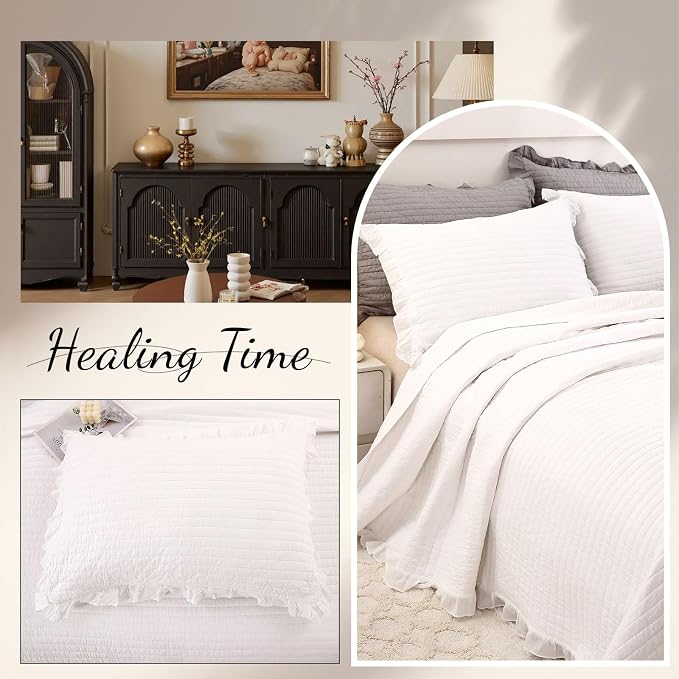 ROOMLIFE Quilt Set Full Size 3D Floral Embroidery Pattern 3-Piece Cotton - Image 6
