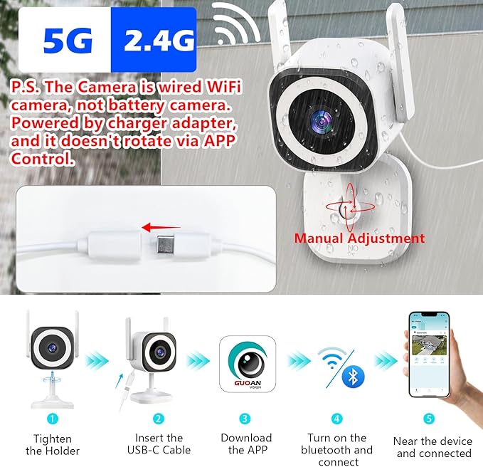 GUOANVISION Dual-Antenna Stable 5G WiFi Camera for Home Security,3X Zoom 2K Outdoor Indoor Security Camera,Baby/Pet Monitor wih Color Night Vision,Motion Detection,2-Way Talk,Siren,IP66, SD Card/Cloud