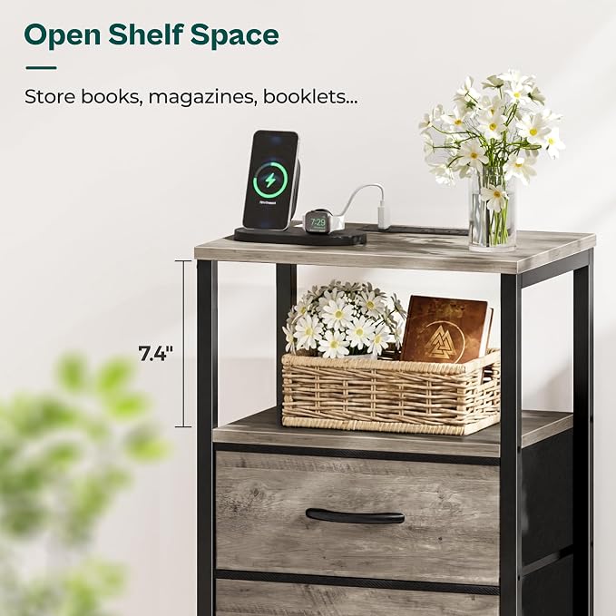 Huuger Nightstand with Charging Station, Side Table with Fabric Drawers | End - Image 7