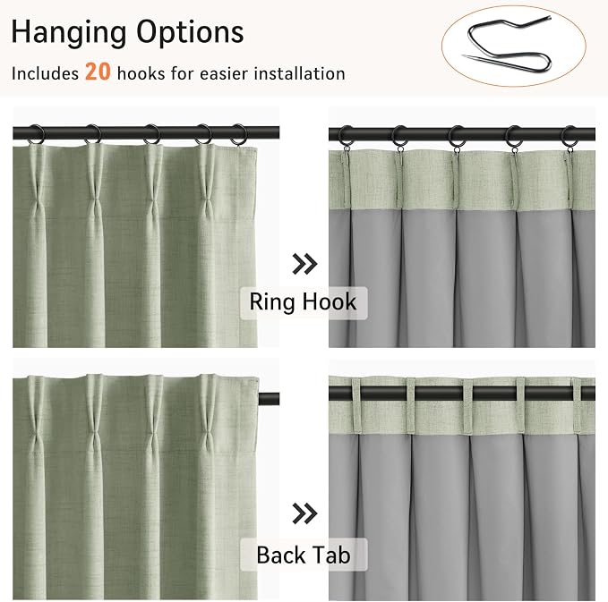 Pinch Pleated Full Blackout Faux Linen Curtains 90 Inches Long | Sage Green - Image 3