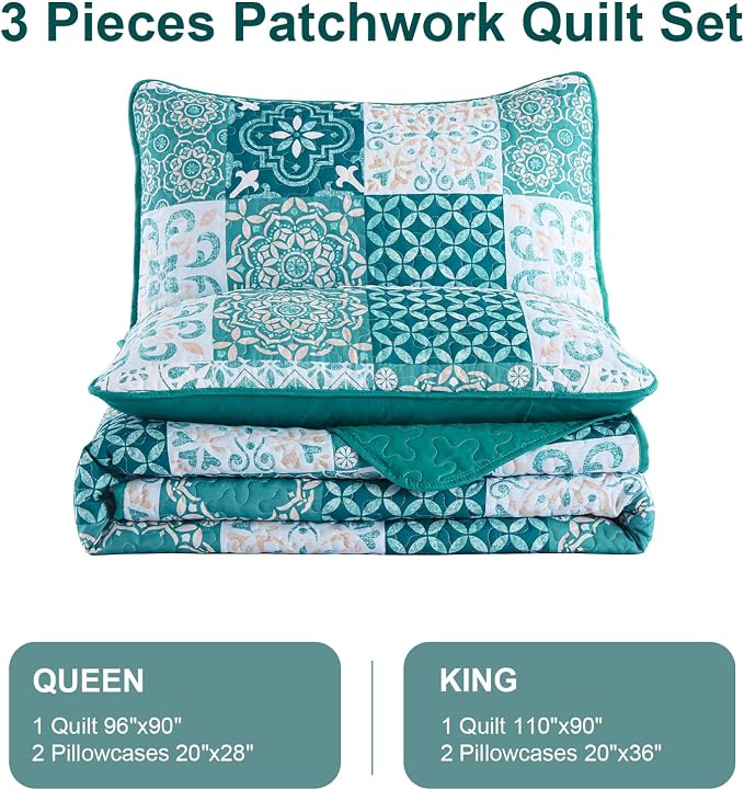 Teal Boho Quilt Set King Size, Plaid Patchwork Bedspreads Coverlet Set | 3Pcs - Image 7