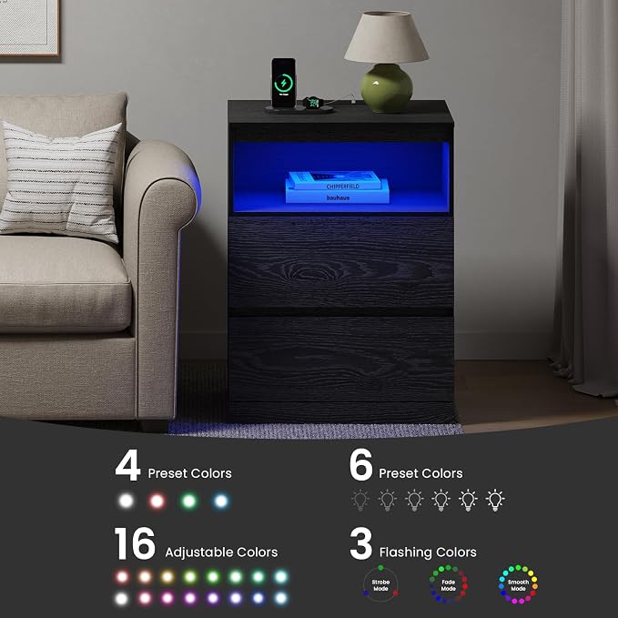 Nightstands Set of 2 with Charging Station, LED Lights, Hidden Drawer, Modern - Image 8