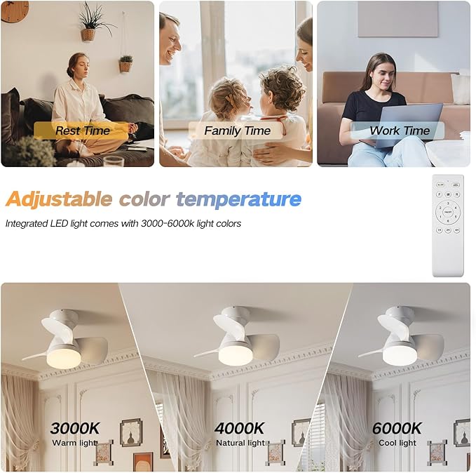 Myleoron 20 Inch Ceiling Fan with Light, 3 ABS Blades, White Small Ceiling Fan with Remote Control, Suitable for Living Room, Dining Room, Bedroom