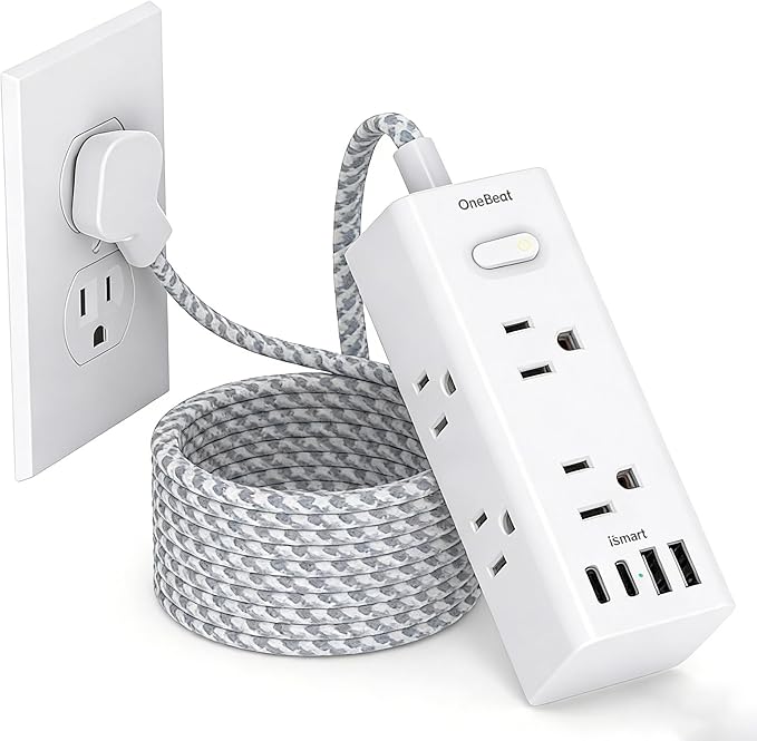 Flat Plug Extension Cord 10Ft, One Beat Surge Protector Power Strip 10 Ft Cord by OneBeat