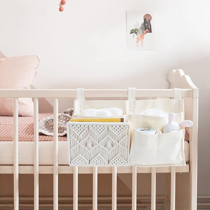 Mkono Bedside Caddy, Macrame Bunk Bed Hanging Organizer, 7 Pockets Ivory | Dorm - Image 3