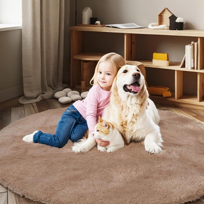 Beige Round Shag Area Rug for Bedroom, Washable Fuzzy Carpet for Room Boys by Junhejiamei