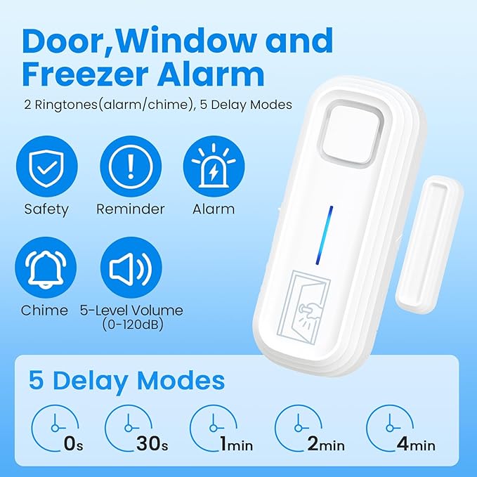 Sanjie Door Alarm with Instant and Delayed Alerts 30s/1min/2min/4min, Door Window Ajar Alarms for Kids Safety/Home Security, Volume 0-120dB, Left Open Alert for Freezer Fridge Home, 2 Sensor