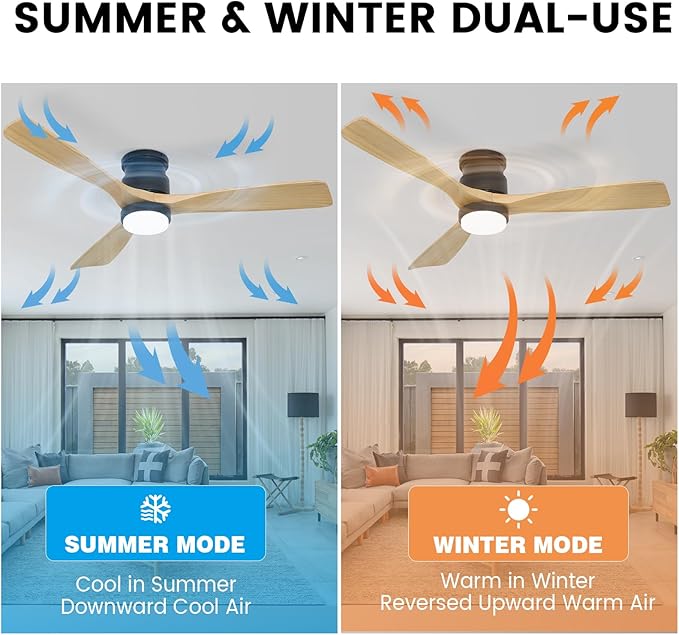 revoici Flush Mount Ceiling Fan with Light Remote, 52inch Natural Wood Ceiling Fans, 6 Speeds Reversible DC Motor 3CCT LED Lighting, Indoor Outdoor Fan Farmhouse Bedroom Living Room