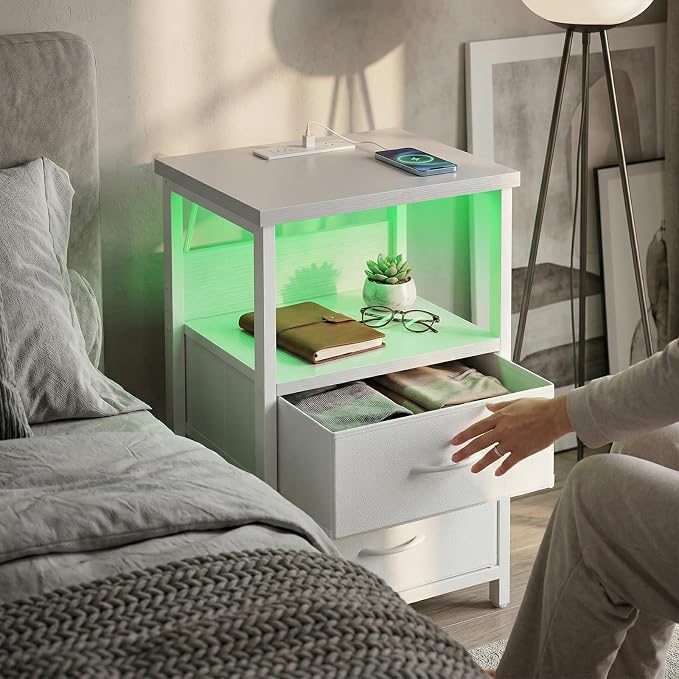 Fixwal Night Stand with Charging Station, 2 Drawers | fabric drawer, built-in - Image 7