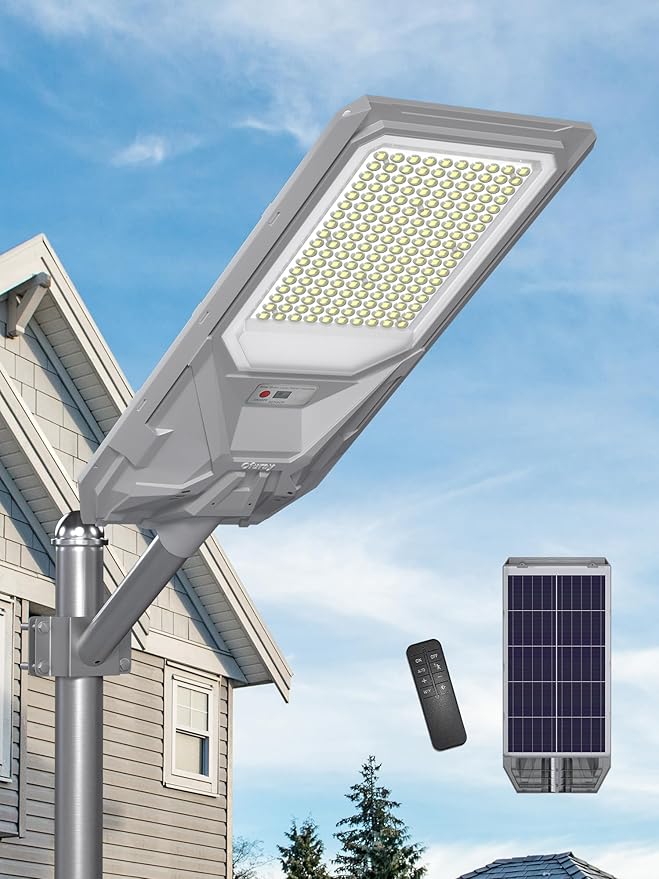 Ofuray Of-6500W Solar Street Lights Outdoor,30,000Mah High Power Solar Security Flood Lights Parking Lot Lights Commercial Dusk to Dawn, 6500k IP67 with Remote Control for Street,Court,Barn