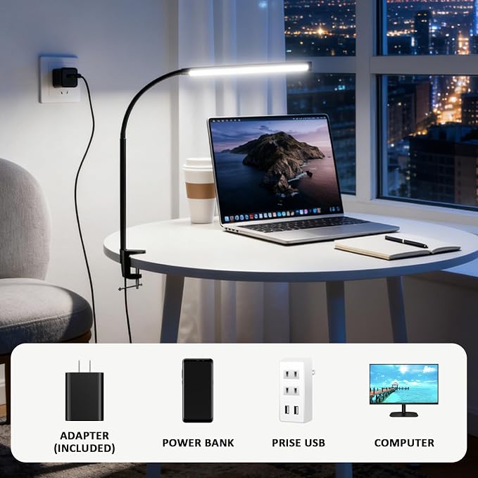 Clip on Desk Lamp with Clamp, Dimmable Eye Caring Book Reading Light - Image 7