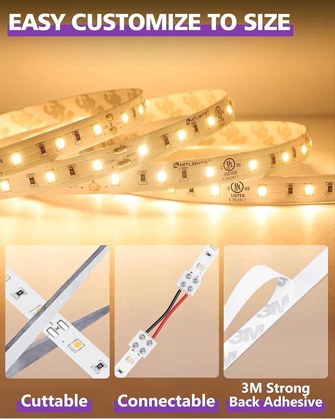 HitLights 24V LED Strip Lights Warm White 2700K, 26.2ft Cuttable Tape Backed 3oz PCB, UL Listed, 1325 Lumen/m, CRI>95, IP20, Lighting for Bedroom, Kitchen, Under Cabinets (Power Source Not Included)