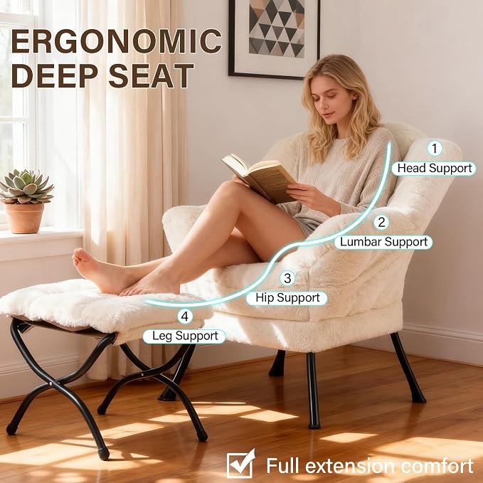 Welnow Lazy Chair with Ottoman, Reading Chair with Footrest, Plush Beige | A - Image 6
