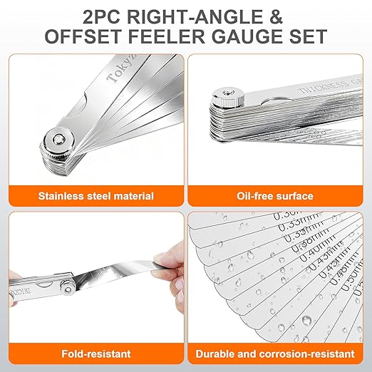 Tokyzexi 2Pcs Stainless Steel Feeler Gauge Set,32 Straight Blades Feeler Gauge&16 Pieces Angled Feeler Gauge Set, Measure Gap and Thickness for Guitar, Spark Plug, Valves Piston Measure Filler Gauge
