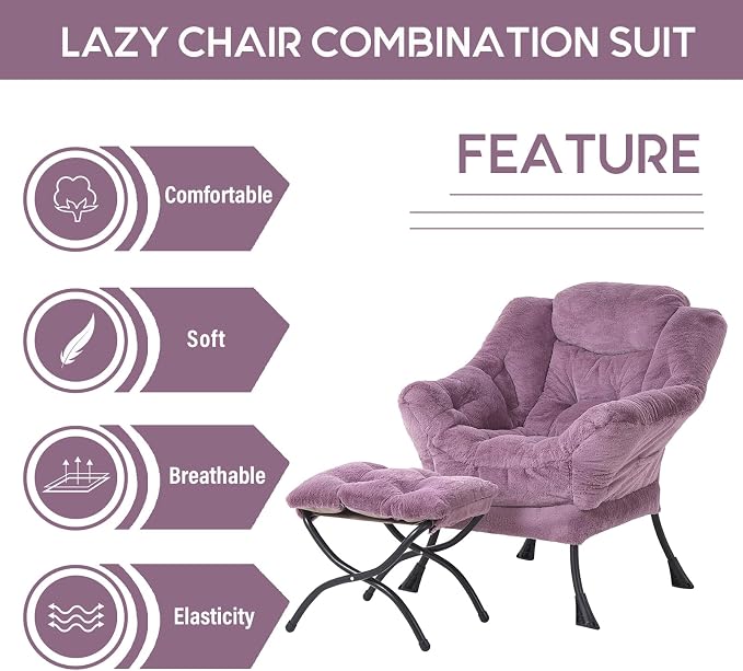 Lazy Chair with Ottoman, Comfy Accent Reading Chair, Plush Purple | Foldable - Image 7