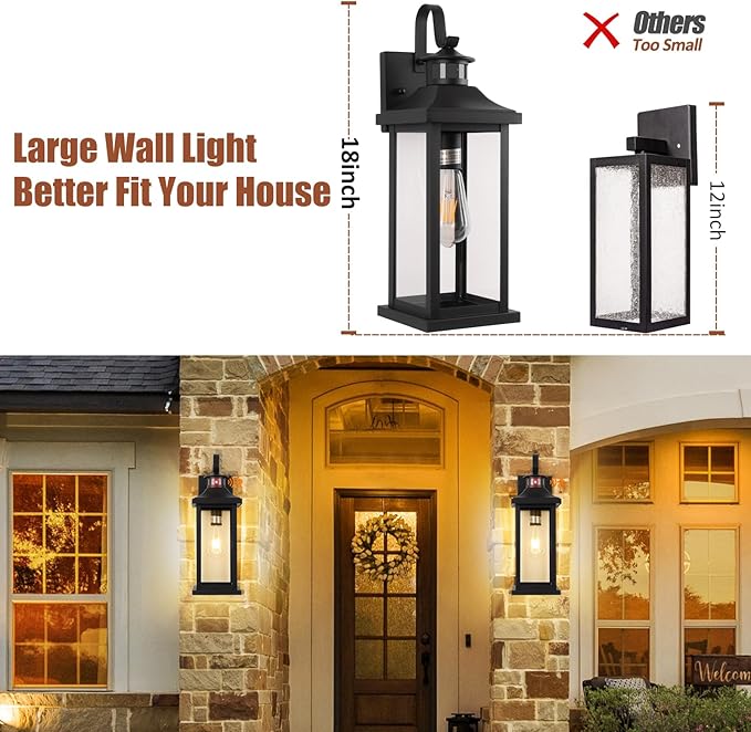 Roravilila 1-Pack 18 Inch Motion Sensor Front Porch Light IP65 Waterproof, Large Black Dusk to Dawn Outdoor Wall Lighting for House Exterior Light Fixture Clear Glass Garage Coach Light, E26 Bulb Base