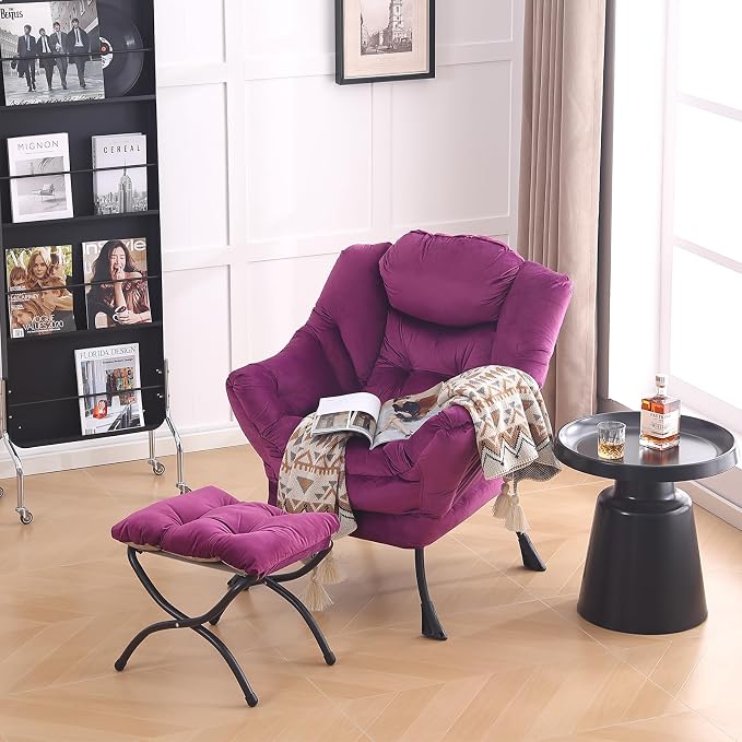 Lazy Chair with Ottoman, Comfy Accent Reading Chair, Velvet Purple | Foldable - Image 8