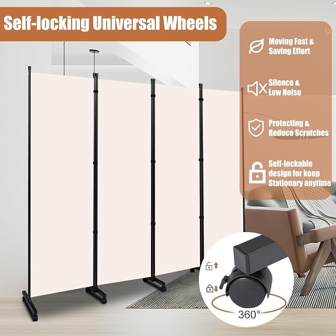 Room Divider 88'' Wide Folding Privacy Screens, 4 Panel Wall Divider w/Wheel | - Image 4