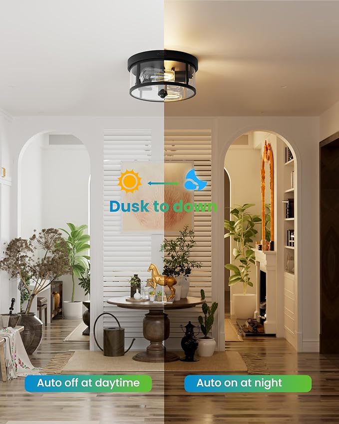 2Pack Outdoor Ceiling Light with Motion Sensor 9.3in - Porch Lights Outdoor, E26 Base, Flush Mount, 360° Detection, 3 Modes (Auto/Dusk to Dawn/Always-on), Farmhouse Ceiling Light for Porch, Entryway