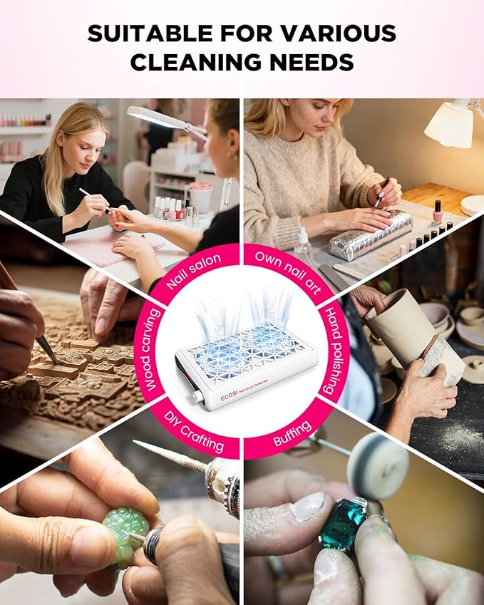 ECOSI Nail Dust Collector, Dual Turbo & 1600PA Professional Vacuum Fan Dust Extractor with 30 Pcs Filter Papers, 8000RPM Stepless Adjustable Suction for Manicure, Salon Nail Tech & Home (White)