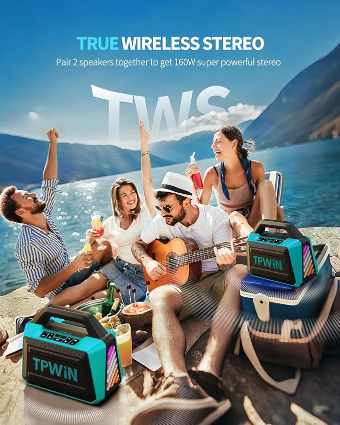 TPWIN Powerful 80W Outdoor Bluetooth Speaker: IPX6 Waterproof, Rugged, 20H Playtime, Deep Bass, Lightshow, TWS, BT 5.3 Wireless, Portable for Travel Hiking Camping Beach Pool - Teal