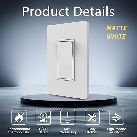 ThunderWay 3 Way Matte White Light Switch with Cover Plate, 15A 120/277 V Three Way Decorative Paddle Switches, Self-Grounding, Residential and Commercial Grade, UL Listed, 30 Pack