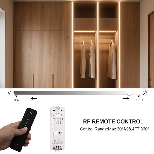 Dimmer Switch with Remote Magnetic Wall-Mounted RF Wireless Control Sensitive Touch Slide Controller Kit for Single Color LED Tape Brightness Adjust DC 5V-36V 8A (Single Color)
