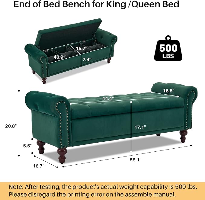 SOFTHION 58.1" Storage Bench for Bedroom, Velvet Upholstered, Dark Green | End - Image 2