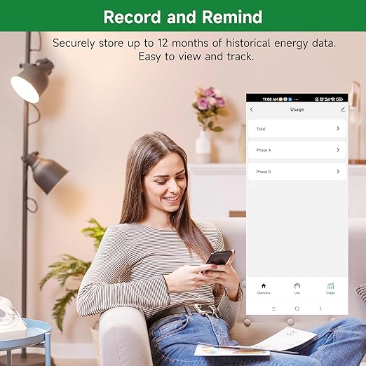 WiFi Energy Monitor with 2 * 120A Clamps, Real-Time Electricity Tracking, Smart Home Power Management,WiFi Meter Solar/Net Metering, Home Energy Automation and Control