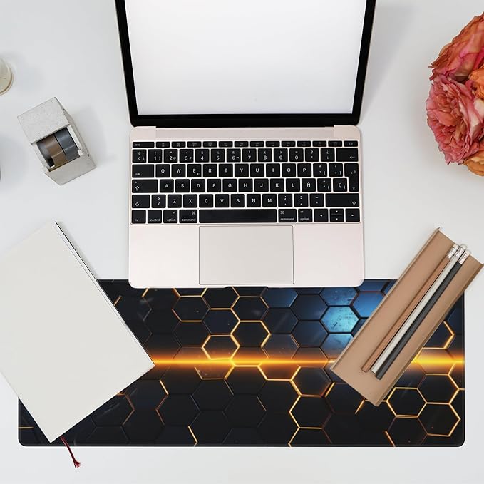 Eflxamz Large Gaming Mouse Pad for Desk,Golden Lines Honeycomb Technology Desk Mat,Honeycomb Technology Desk Pad,Extended Computer Keyboard Mouse Pad with Non-Slip Base and Stitched Edge,31.5"x11.8"