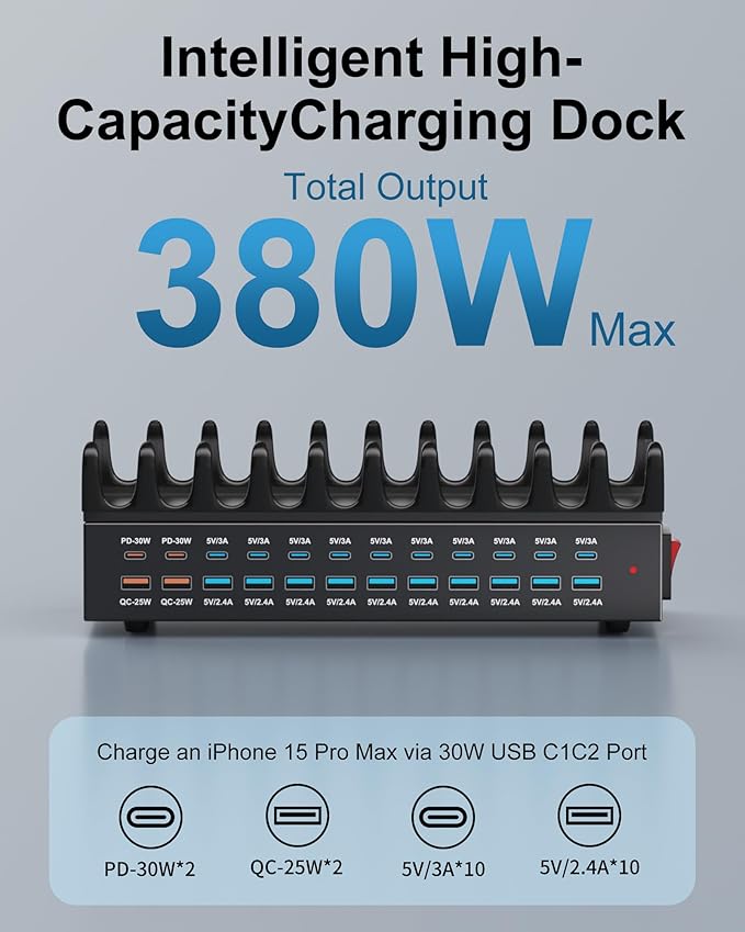 380W Charging Station for Multiple Devices - 24 Ports USB Fast Charging Station with 30W Power Delivery, Multi Charger Dock for Phone Tablet, Home, Office, School