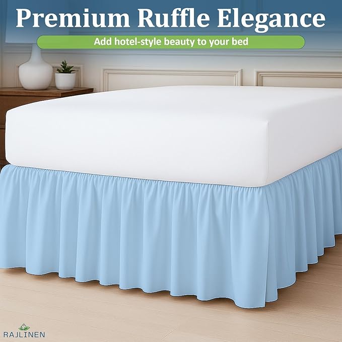 Rajlinen Ruffled Bed Skirt King, 10 Inch Drop Dust Ruffle with Split Corners, 100% Microfiber Bedskirt with Platform, Three-Sided Coverage Ruffled Gathering Design, Light Blue