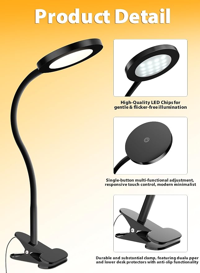 Black Clip On Reading Light, 450LM Book Light, 3 Modes Stepless Dim | CRI95 - Image 2