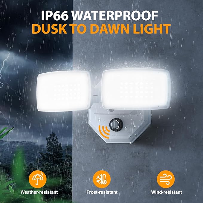 Onforu 32w 3200LM Dusk to Dawn Outdoor Lighting,6500K Dual-Head Flood Light Outdoor with Photocell,IP66 Waterproof Security Lights,2Pack Exterior Daylight off and Night On White Light for Patio Garden