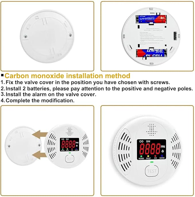 Vzmcov Carbon Monoxide and Smoke Detector Equipped with LCD Display, Battery Powered, Dual Sensor Alarm, 85dB Voice Alarm and Real-time CO Tracking, Suitable for Home/Kitchen/Bedroom/RV 1-Pack