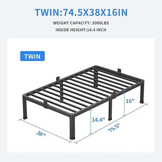 MAF 16 Inch Twin Bed Frames with Round Corner Legs Mattress Slide Stopper No Box Spring Needed Heavy Duty Metal Platform Bed Frame Under-Bed Storage Space, 3000 LBS Steel Slats Support
