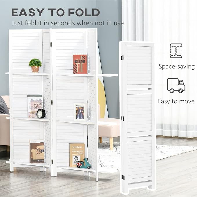 HOMCOM Room Divider 4 Panel 67" Tall Privacy Screen 3 Display Shelves White | - Image 4